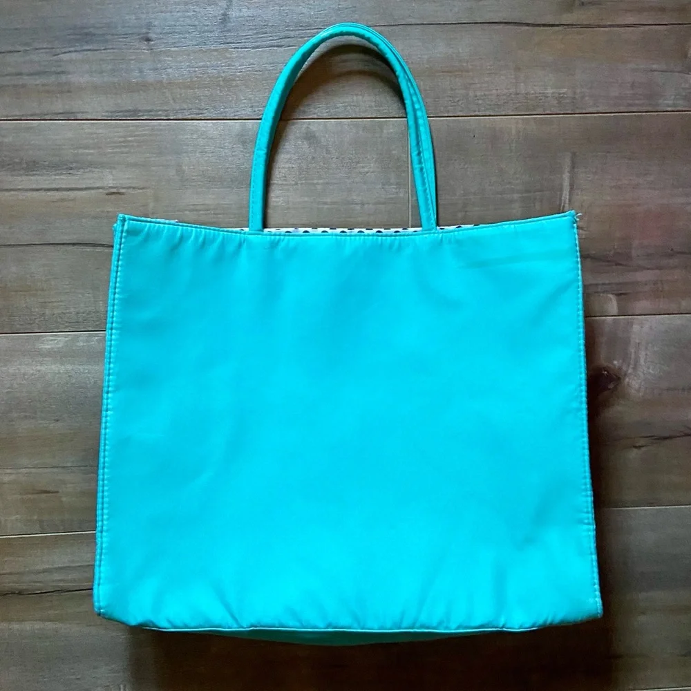 Lancome Tote Bag in Turquoise with Black and White Polka Dot Lining